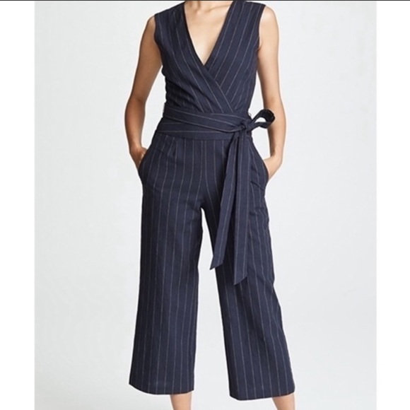 L’AGENCE Joslyn Jumpsuit Linen Navy Ivory Pinstripe - Picture 1 of 7